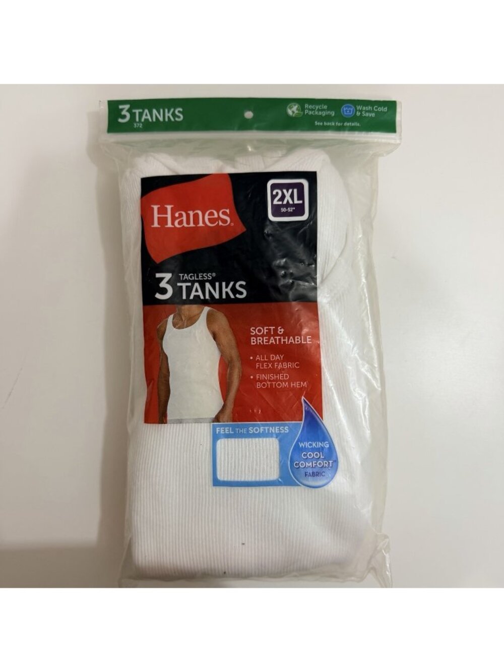 Hanes Men’s 3 Tagless Wicking Cool Comfort Tanks White 2XL